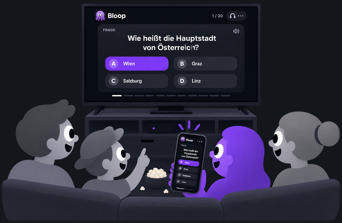 Vier Freunde auf dem Sofa vor einem Fernseher, auf dem eine Bloop-Quizfrage mit vier Antworten steht. Einer hält das Handy, das dieselbe Frage hochkant zeigt.